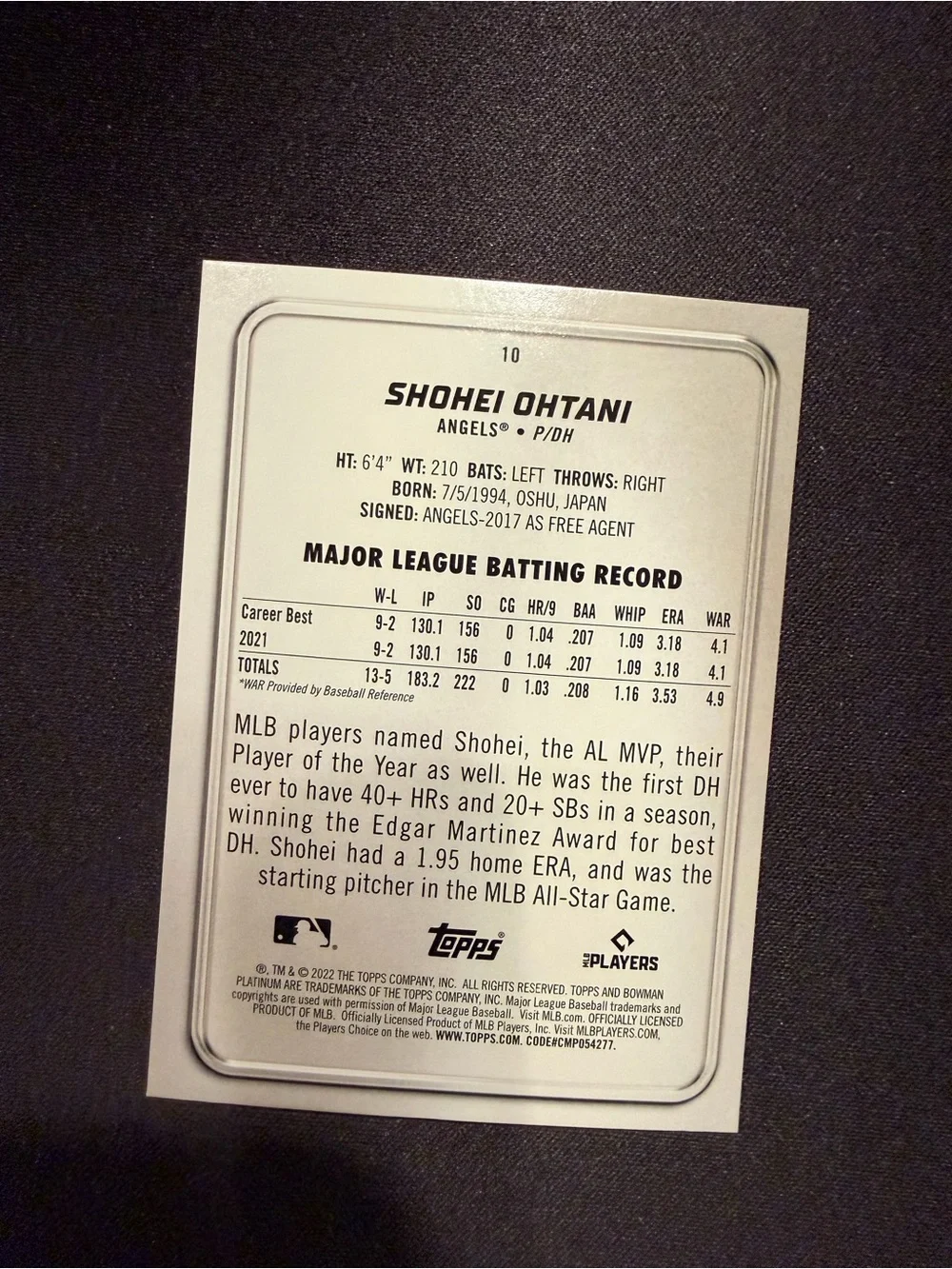 Shohei Ohtani Angels 2022 Bowman Platinum Card #10
